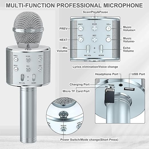 Image of VRJTEC Wireless Karaoke Microphone with Speaker Black | 2-in-1 Portable Bluetooth Mic, Audio Recording, Card Slot, Aux Port, USB Rechargeable for Singing Parties & Home Use