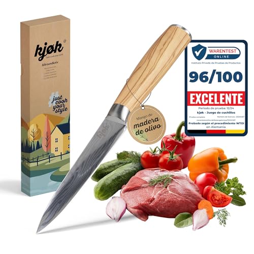 kjøk Cuchillo multiusos profesional y premium de 13 cm con mango de madera de olivo, dureza 58±2 HRC, estilo Damasco japonés - cuchillo de cocina universal, pequeño afilado para Verduras