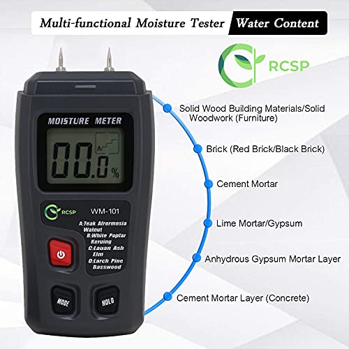 Image of RCSP Wood Moisture Meter Digital Large LCD Display with 2 pin Test Probe Humidity Damp Meter for Firewood Paper Humidity Measuring Grey