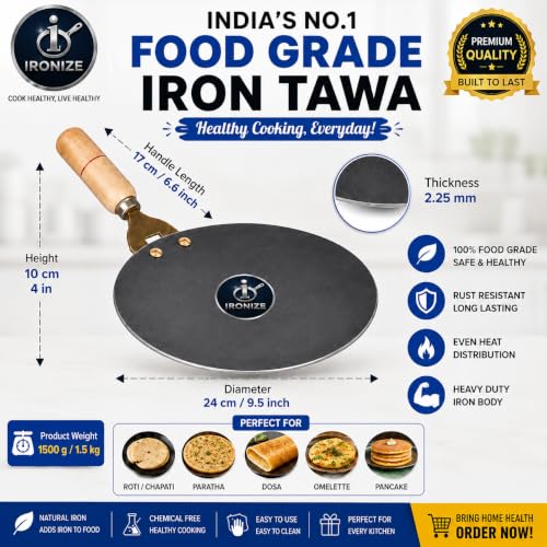 Image of IRONIZE Pure Iron Roti Tawa with Wooden Handle | 1.5kg | Heavy Duty Chemical-Free Iron Cookware | Even Heat Distribution | Ideal for Roti, Chapati, Paratha, Dosa & Omelette | Available in 1kg to 2kg