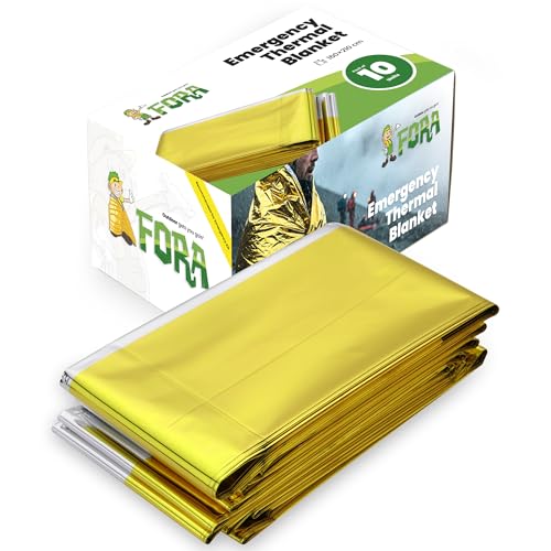 FORA Mantas Térmicas de Emergencia   Kit de Supervivencia con 10 Unidades, 160×210 cm, Doble Cara Dorado/Plateado, Ultraligeras y Compactas