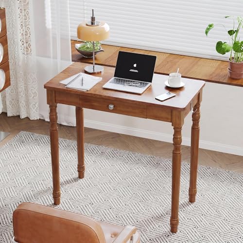 Image of 100% Solid Wooden Desk with Drawers - 31.5 inch Mid Century Modern Desk with 2 Hooks, Vintage Writing Desk with Drawers, Simple Work Study Table for Bedroom & Home Office - Walnut Color
