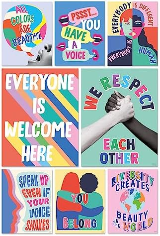 S&O Set of 8 Diversity Posters for Learning Space - Inclusion Prints & Decorations - School Counselor Office Design- Everyone is Welcome Here Sign - High School Learning Decor - Safe Space Sign