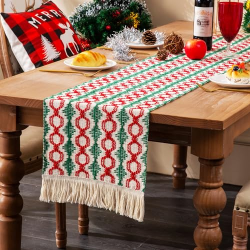 RYXZEN Camino de Mesa Moderno 33x220cm Bohemio Manteles de Mesa de Macramé Algodón Centros Decorativos de Mesa para Bodas Fiesta Comuniones Bautizos Granja Uso Diario (Trenza Patchwork Roja y Verde)