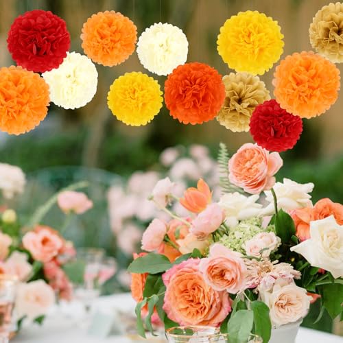 Image of BestoFun 16PCS Fall Party Decorations Orange Red Tissue Paper Flowers Pompoms Decorations for Girl Groovy Birthday Baby Shower Wedding Autumn Thanksgiving Halloween Room Wall Hanging Decor