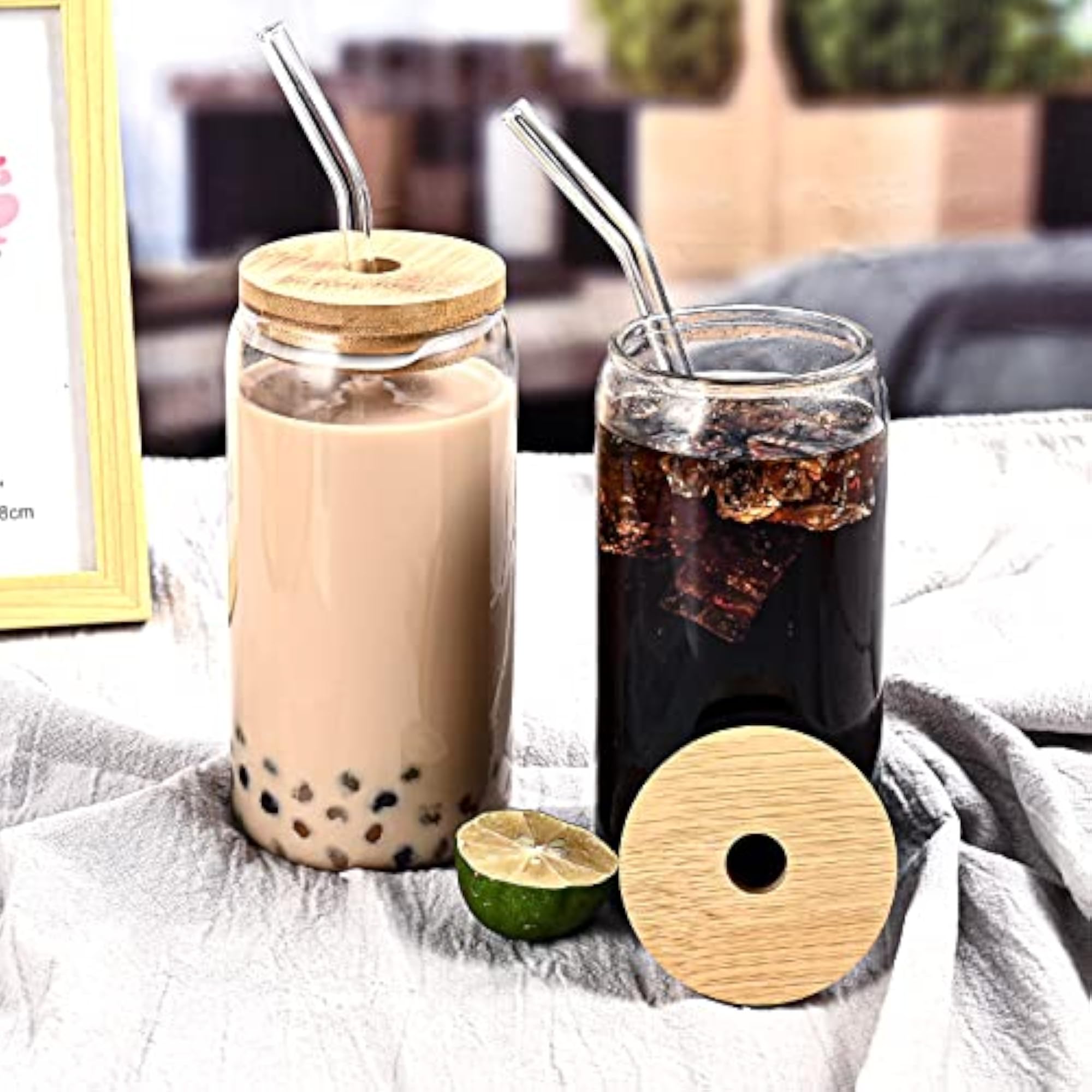 16oz Glass Drinking Glasses Set of 4 with Bamboo Lids