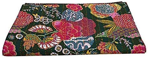 Indian Fruit Floral Kantha Bohemian Bedding Kantha Vintage Cotton Bedspread Reversible Handmade Traditional Blanket Throw Kantha Quilt
