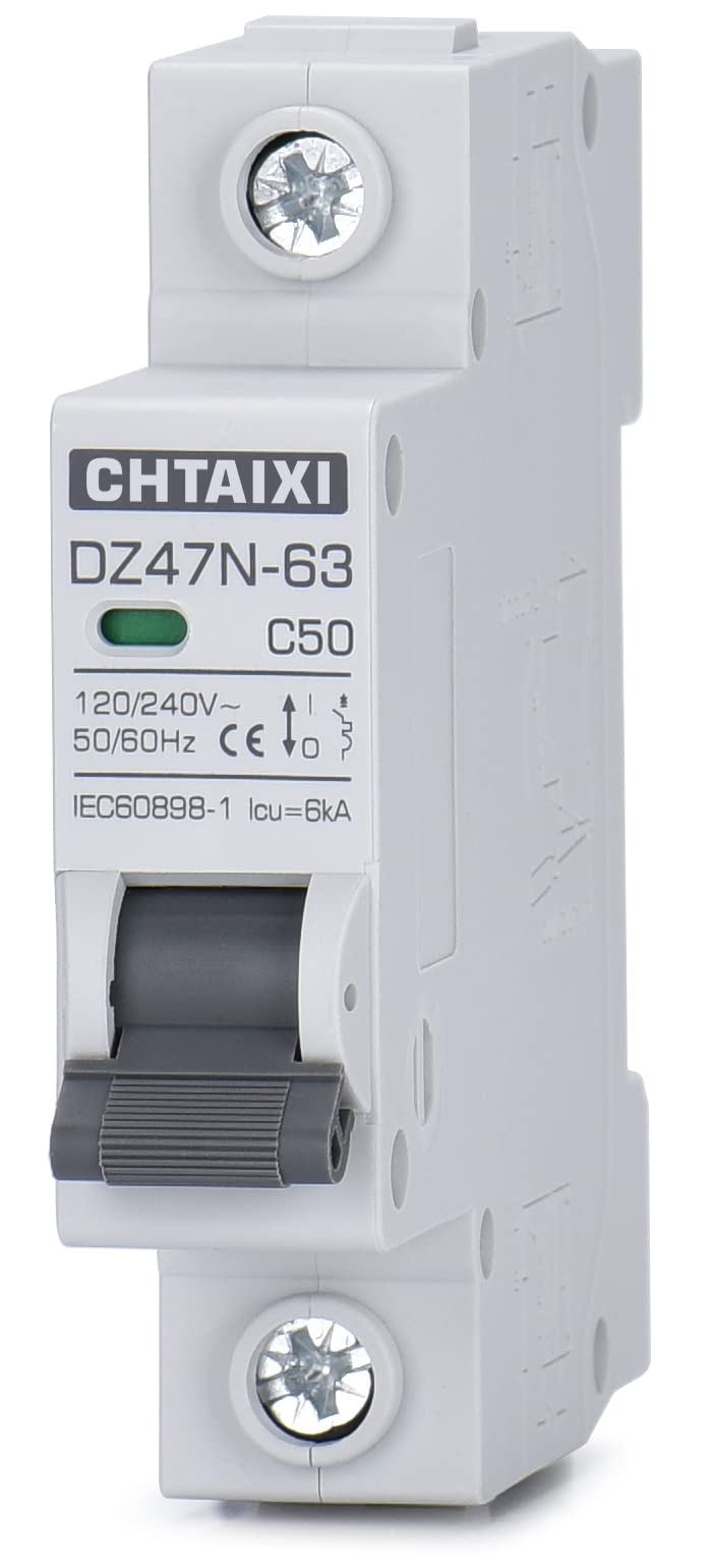 Chtaixi AC Miniature Circuit Breaker, 50 Amp 120V/240V 1 Pole DIN Rail Mount Circuit Breaker, Thermal Magnetic Trip, Solar AC Disconnect Switch MCB