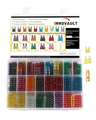 INNOVAULT Kfz Sicherungen Mini+Standard, Autosicherungen Set, Kfz Flachsicherungen Sortiment+1 Sicherungszieher, gemischte Ersatzsicherungen für PKW, LKW, Wohnmobil, Motorrad, 2A-35A/40A (400)
