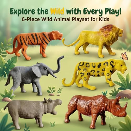 Image of ZESTHOME Wild Animals Playset for Kids - Lion, Tiger, Elephant, Zebra, Rhinoceros, Hippopotamus | Realistic PVC Jungle Animal Figurines | Educational Pretend Play Toys for Boys & Girls | 6 pcs