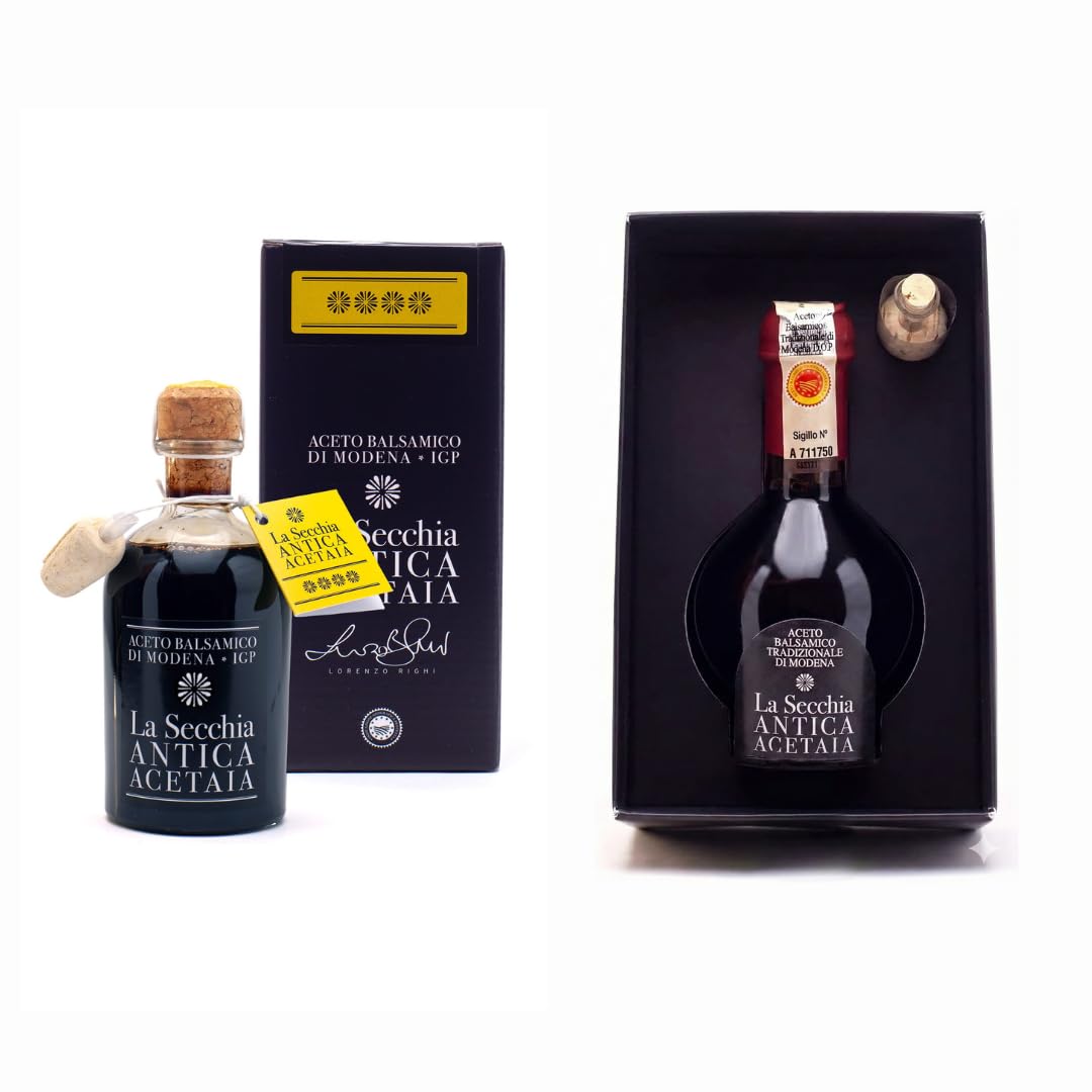 La Secchia Traditioneller Aceto Balsamico D.O.P. Affinato und Aceto Balsamico di Modena IGP Vier Sterne, Vorteilspack im Bundle, mit Dosierkappe, handwerkliche Qualität – Made in Italy.