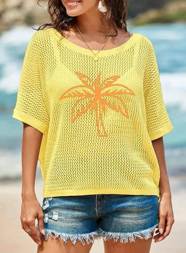 Image of Dokotoo Womens Floral Fashion Summer Tops 2026 Short Sleeve Crochet Sweaters Swimsuit Cover Ups Lightweight Knit Pullover