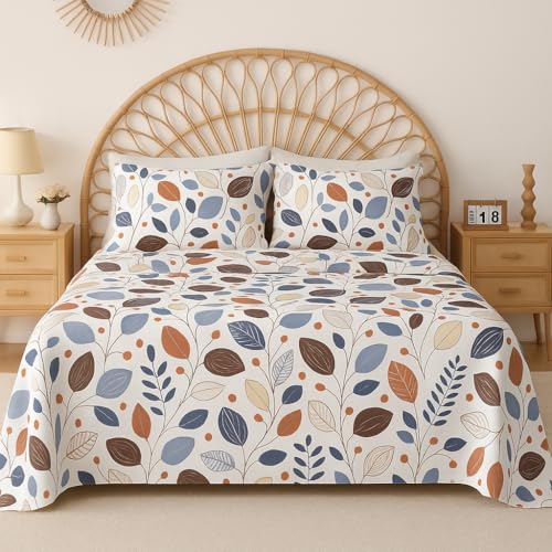 BSB HOME 100% Cotton CloudTouch Double Bed Bedsheet Set | 144 TC Soft & Breathable | Denim Blue Terracotta Leaf with 2 Pillow Covers | Wrinkle Free | for Bedroom (90 x 90 Inches)