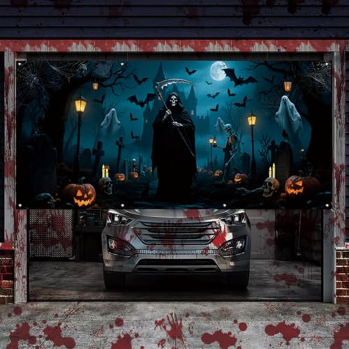 Pancarta de Halloween para puerta de garaje con diseño de cementerio de terror para exterior 3
