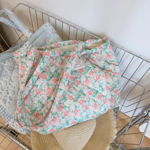 Image of Floral Quilted Cotton Shoulder Bag for Women Daily Use Medium Size Handbag Large Capacity Thickened Design Tote