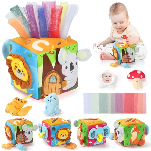 URMYWO Baby Toys 6 to12 Months with 4 Animal Rattle Toys,Baby Mirror,Crinkle Paper,Squeaker,Tissue Box Toys Gifts for Toddlers 0-3 Years Old Yellow