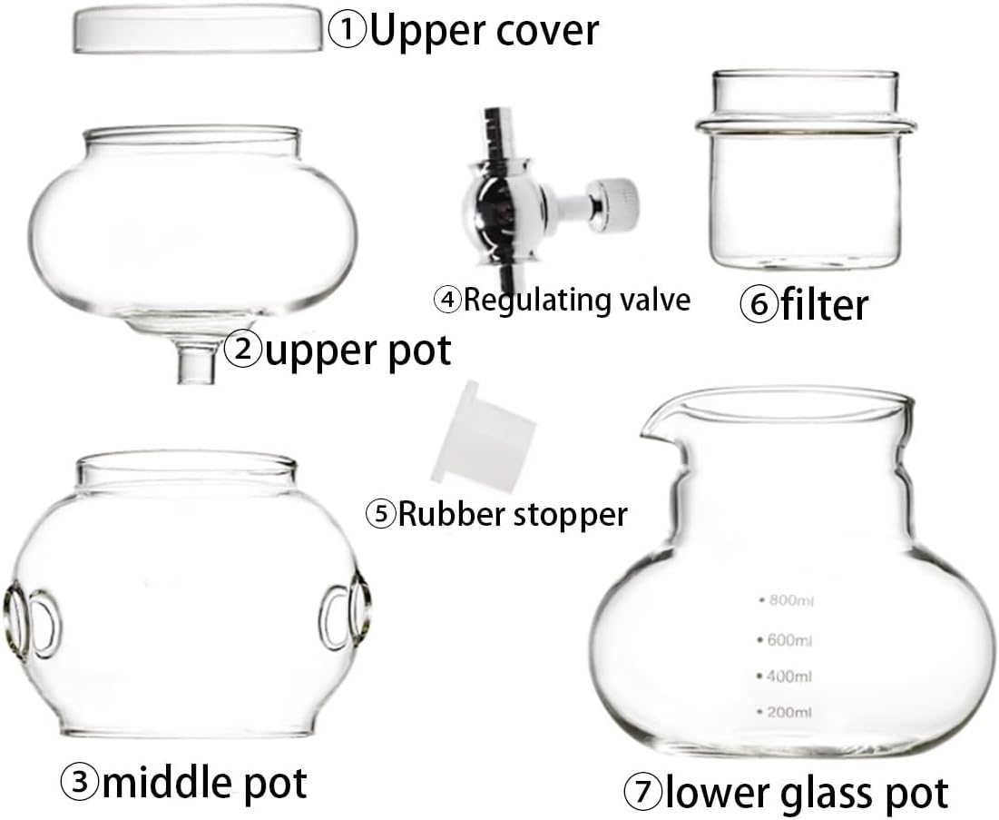 All Glass Ice Drip Coffee Pot,Cold Brew Coffee Maker,Stainless Steel Adjustable Dripper,High Borosilicate Heat Resistant Glass Pot,Makes 5-8 Cups,For Home,Office and Cafe
