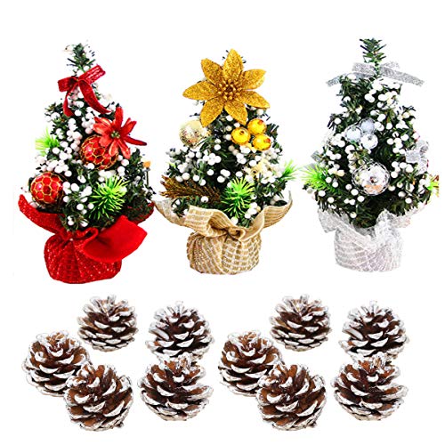 Xumier Petite Desk Arbre de 'Noël' Mini Sapin de Noël Artificiel Mini sapin de Noël de 20 cm Avec base pour la décoration de fête à Domicile et Affichage de l'artisanat+10 pommes de pin à tête blanche Cover