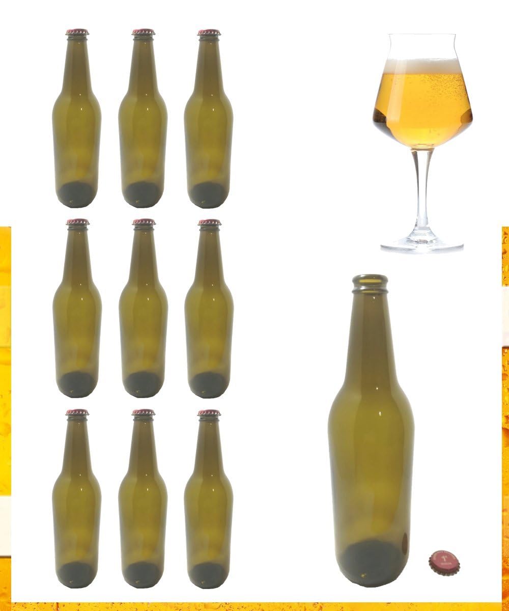 Juego de 10 botellas de cristal para cerveza artesanal, 600 ml, ámbar con tapón de corona, reutilizables