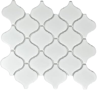 Tenedos Snowy Glossy Arabesque Porcelain Tile 11.38" x 12.25" Sheet for Wall, Backsplash, Bathroom, Shower Accent, White Patterned Look 1 Sheet