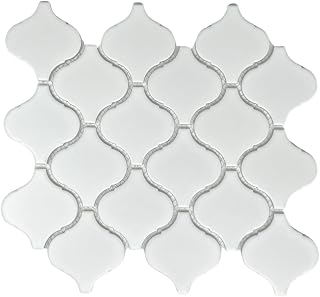 Tenedos Snowy Glossy Arabesque Porcelain Tile – 11.38" x 12.25" Sheet for Wall, Backsplash, Bathroom, Shower Accent, White Patterned Look (1 Sheet)
