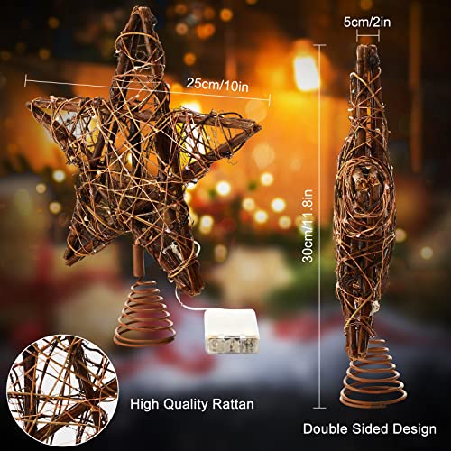 Star Tree Toppers Christmas Decorations Indoor Natural Brown Rattan Star Christmas Tree Topper Lighted Rustic Rattan Star Rustic Rattan Treetop Holiday Xmas Party Decorations (Coloured Light) #TOP1