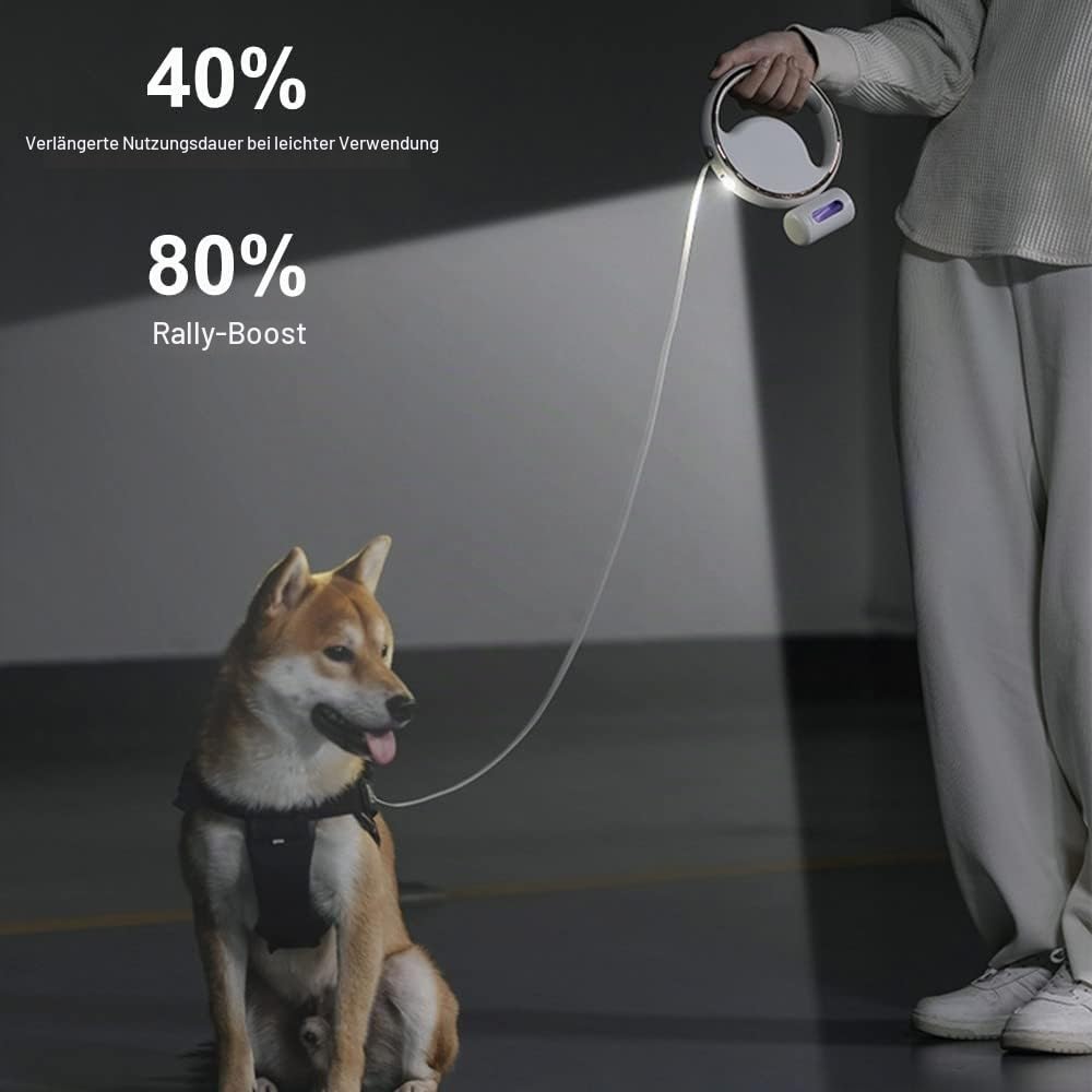 Einziehbare Hundeleine, 9,8 Fuß Längen Hunde Rollleine, 360 ° drehbar Abrollleine mit hellem LED-Licht und Hundekotbeutelspender für Haustiere bis 15 kg (Weiß)