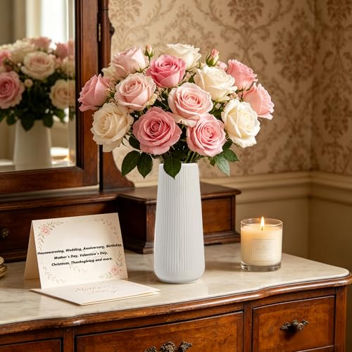 Image of Ceramic Vase for Flower, Pampas Grass Vase, 7.8''H Ribbed, White, 2pcs