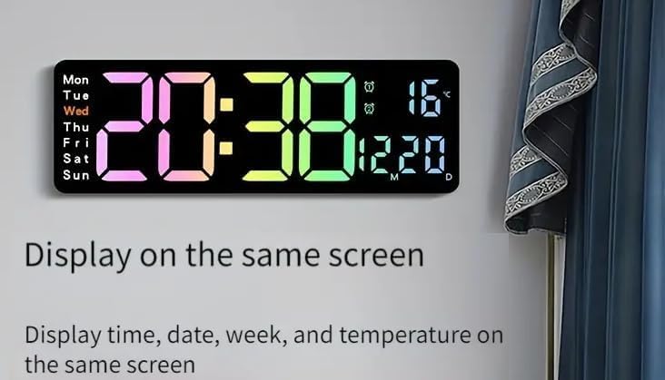 Image of 15-Inch Digital Wall Clock with Large LED Display - Remote Control, Auto-Dimming, Night Light, Date, Day, Temperature, DST Function - Ideal for Living Room, Bedroom (Rainbow)