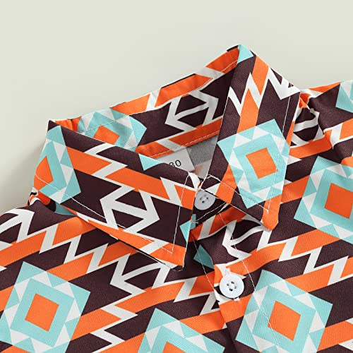 Toddler Baby Boy Clothes Shorts Set Dinosaur Print Shirt Short Sleeve Button Down Top Solid Shorts Summer Outfit (U-Geometric Patterns Orange, 3-4 Years) #TOP4