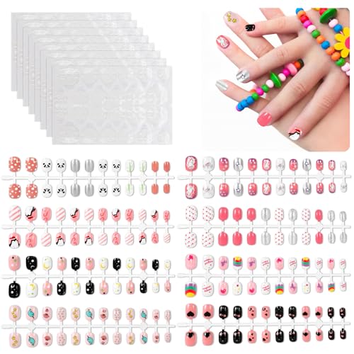 JSRQT 8 Piezas Uñas Postizas para Niños, Uñas Postizas Cuadradas Cortas de Cobertura Completa, Uñas Adhesivas de Estilo Plateado Rosa Tiras de Artificiales Uñas False Nail Tips para Niñas Arte de Uñas