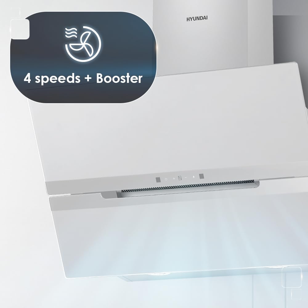 Hyundai Campana Extractora Decorativa Inclinada 70cm, Cristal Blanco, HCDE70DCW00. Potencia 831m3/h, 3 Velocidades, 2 Filtros, 64 dB Nivel Sonoro, Control Táctil, Filtros aptos para Lavavajillas