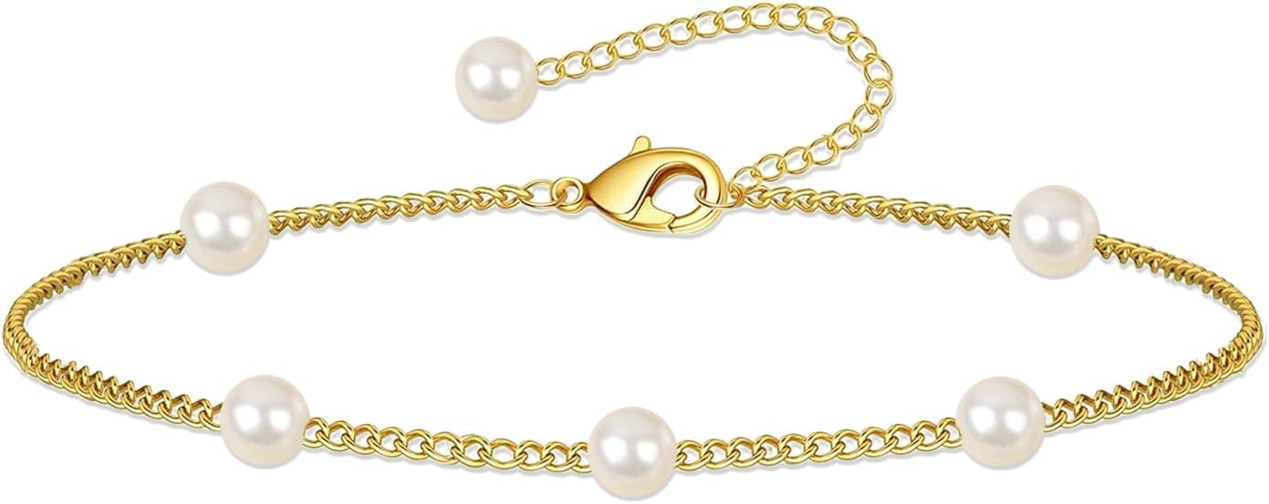 14K Gold Plated Pearl Bracelet Tiny Pearls Bracelets for Women Dainty Adjustable Chain Layered Bracelets Bridesmaid Minimalist Jewelry Gifts