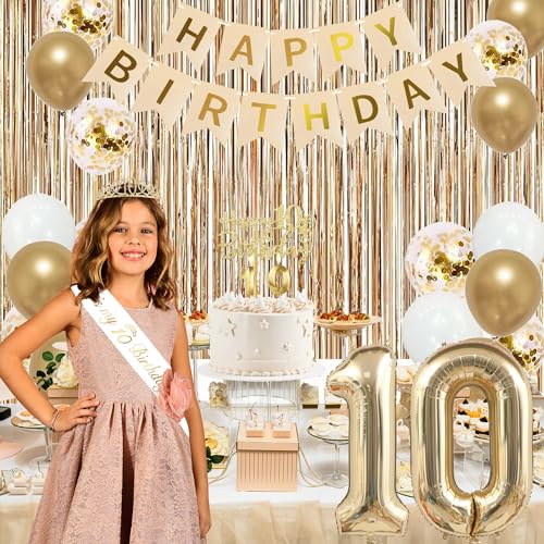 Image of Trgowaul 10th Birthday Decorations for Girls, Banner, Sash and Crown, Cake Topper, 10 Number Balloon, Fringe Curtains, Champagne Gold 10th Birthday Party Supplies