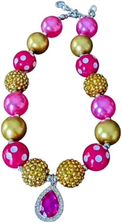 Toddler Girl Chunky Bead Necklace Pink and Gold Princess Jewelry with Crystal Pendant