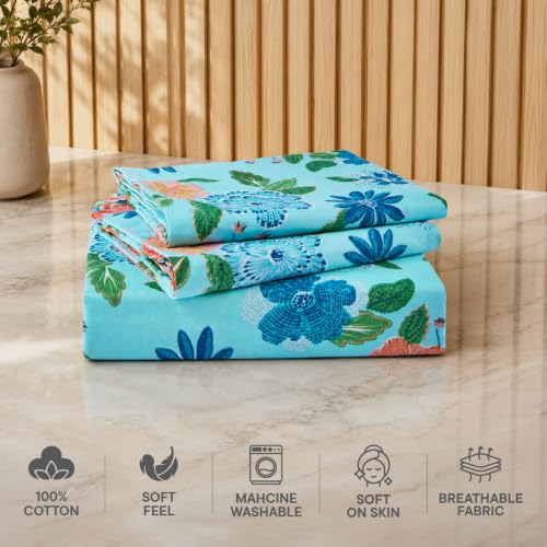 Image of Welspun Zen Microfiber Floral Double Bedsheet with 2 Pillow Covers | Percale Bed Sheet | Skin Safe, Breathable & Easy Care Bedding Set | Gift Set | Light Blue | 220 x 240 Cm