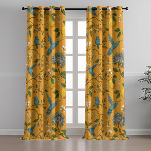 Image of BFAM Floral Print 100% Blackout Curtain with Black Linning at Back, Floral Print Curtains for Living Room /Bedroom Thermal Insulated Energy Saving, Yellow Bird, 8FT, Pack of 1 Curtain