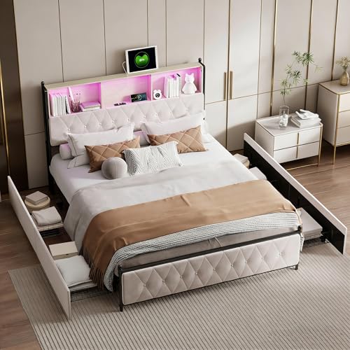 Yeutre Cama 180x200 con Cabecero LED y USB, Camas Matrimoniales con 4 Cajones, Cama Juvenil, Estructura Camas Doble con Lamas de Madera, Terciopelo Beige, Sin Colchón (Beige, 180 x 200 cm)