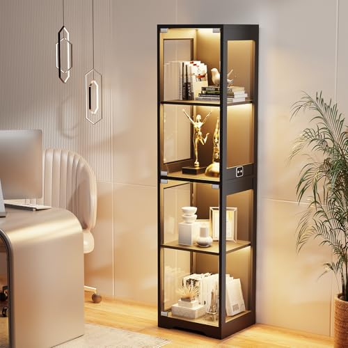 Image of BROTTAR Glass Display Cabinet, 4-Tier Curio Cabinets with 3 Color Lights for Collectibles, Storage Cabinet with Door, Glass Display Case & Bookcase with Human Body Sensor, Black