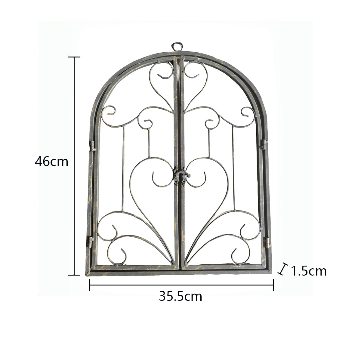 Rustikale Deko-Fenster mit Halbbogen zum Öffnen Eisen Sprossen-Fenster Scheunenfenster Fensterrahmen Fenster Attrappe Ranken Optik Wanddekor für Gartendeko Landhausstil Rost