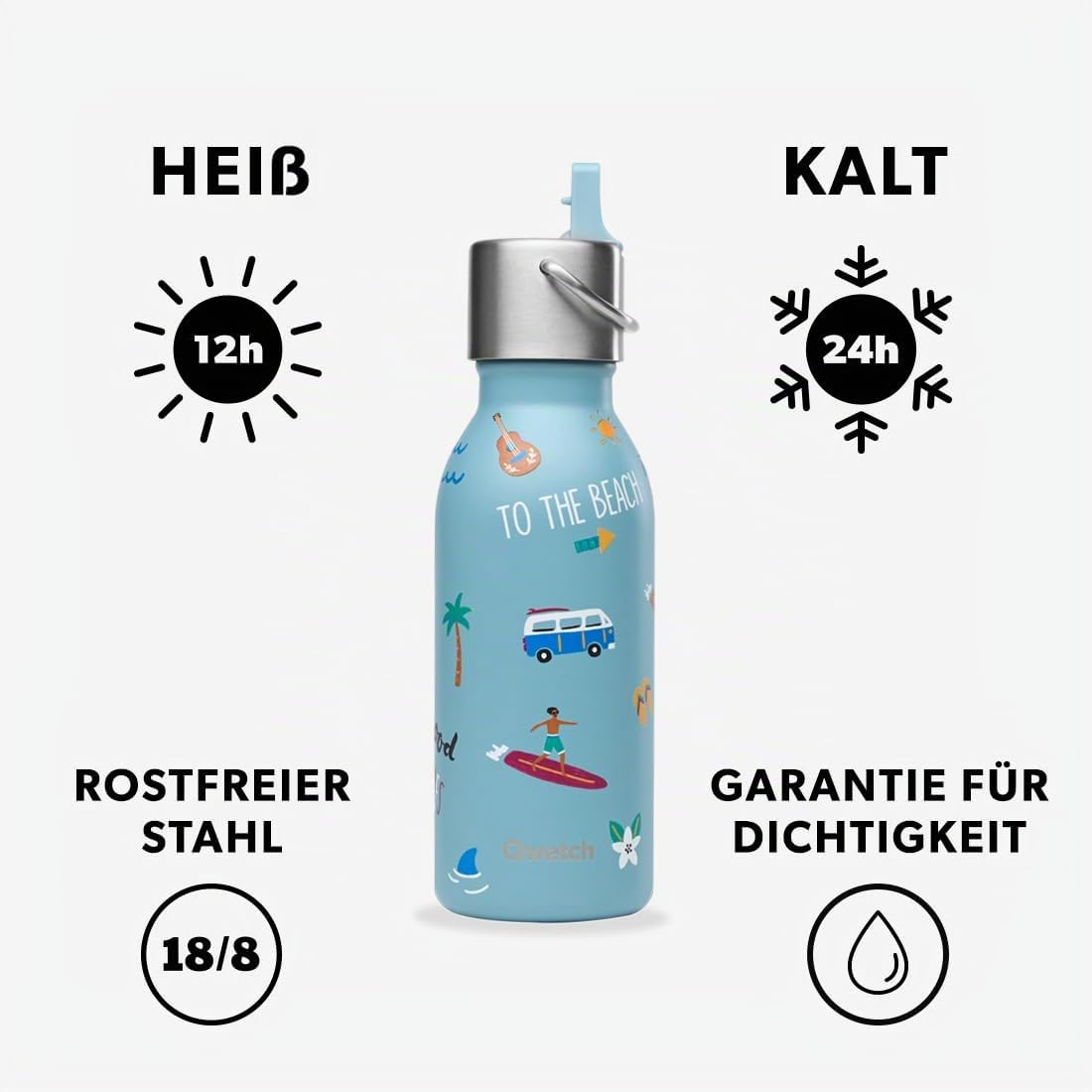 QWETCH - Edelstahl Trinkflasche Kinder 350ml - Kids Honolulu Blau Pipette Deckel - Isolierflasche - Hält Getränke 24h kalt & 12h warm - Auslaufsicher & BPA-frei - Perfekt für Schule, Sport & unterwegs