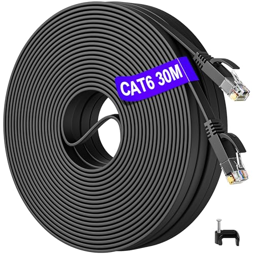 LAN Kabel 30 Meter Flach, Cat 6 Netzwerkkabel 30m Lang Ethernet Kabel Hochgeschwindigkeits RJ45 Internetkabel Outdoor Indoor 1000Mbit/s Wlan Kabel 30m Schwarz Gigabit Patchkabel für Switch, Modem