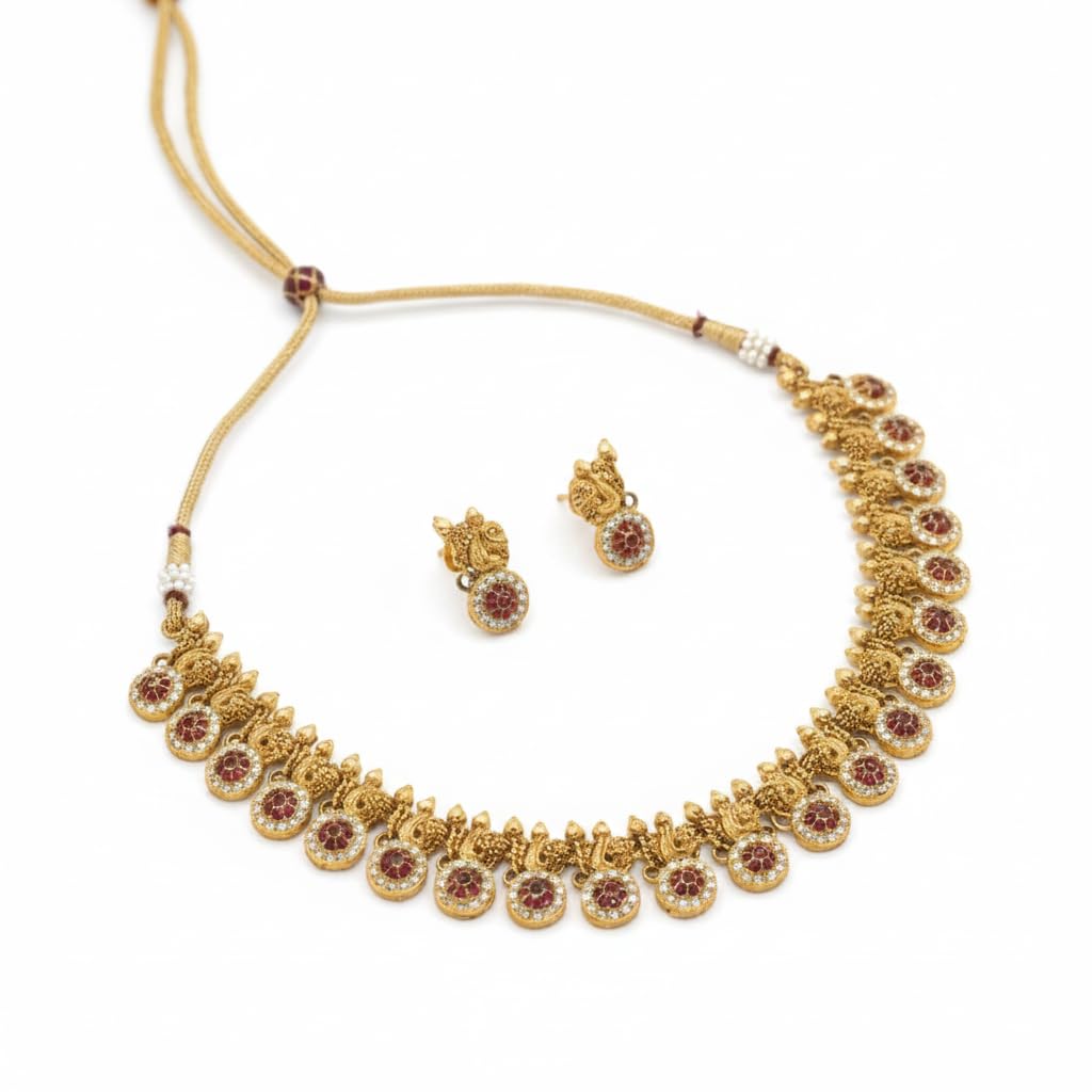 Traditional Antique Gold Plated Peacock Motif Temple Jewellery Set for Women | Ethnic Necklace with Deep Red Ruby-like Stones & Sparkling CZ Accents | Matching Stud Earrings | Ideal for Weddings, Festivals & Special Occasions-image-28