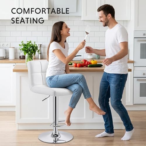 Image of HealSmart Bar Stools Set of 2, 24 inch Counter Height Stools, Modern Upholstered Kitchen Island Chairs with Sturdy Metal Base, PU Leather Saddle Seat Barstools, White