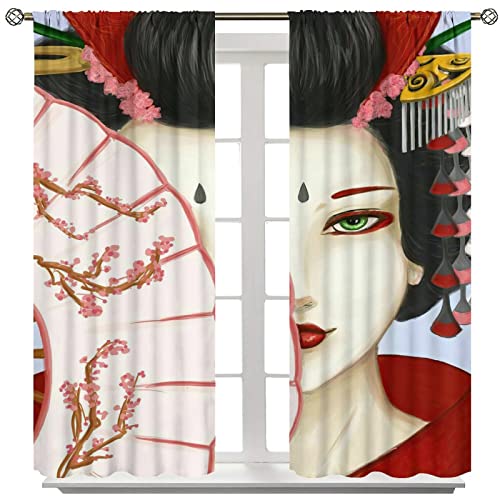 Japan Curtain, Young Geisha In Kimono With Sakura Traditional Oriental Cool Curtains Great 42X45In #TOP7