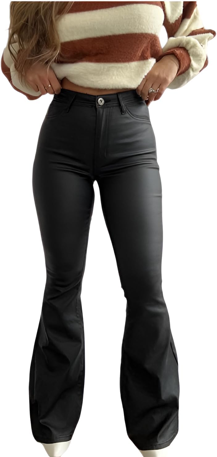 Willow Boutique High Waist Black Leather Pants Women | Womens Tall Bootcut Jeans | Flare Pants for Women | Outseam 44"