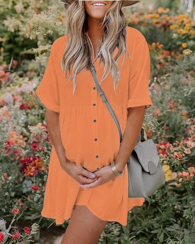 Image of PYGFEMR Women's Short Sleeve Babydoll Dress Button Down Dresses with Pockets