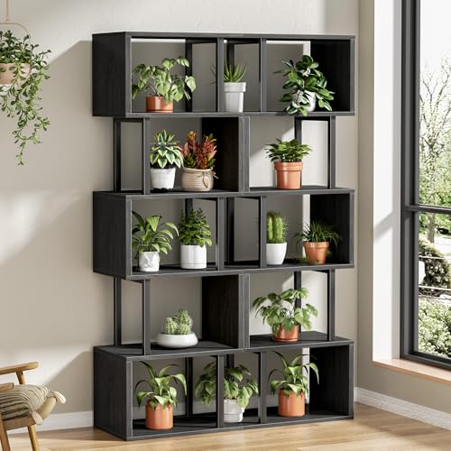 Image of Furologee 6 Tier Bookshelf Tall Geometric Bookcase, S Shaped Industrial Display Standing Shelf, Metal and Wood Decorative Storage Room Divider Rack for Bedroom, Living Room, Office, Light Black Oak