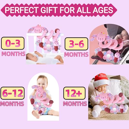 Image of Spiral Car Seat Toy for Babies 0-6-12 Months Girl, Stroller Hanging Baby Toys 0-3-4-5-6-7-8-9-12 Month Old Newborn Infant Toddler Rabbit Gifts Travel Carseat Mirror Crinkle Bunny Accessories