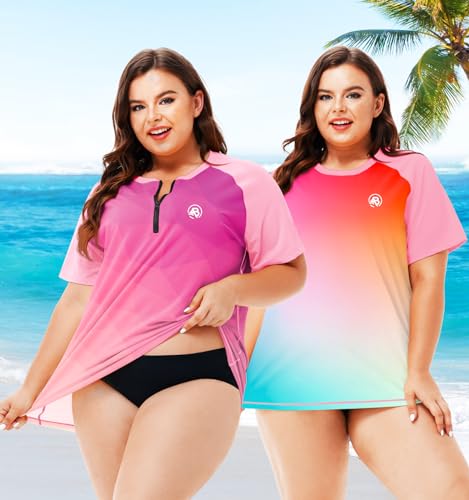 Image of AOBUTE Women Plus Size Rash Guard Zipper Short Sleeve SPF Swim Shirts